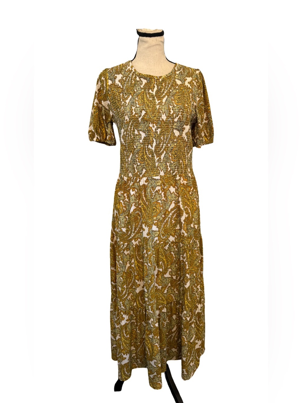 Michael Kors Women’s Medium Paisley Smocked Puff Sleeve Maxi Dress Mustard